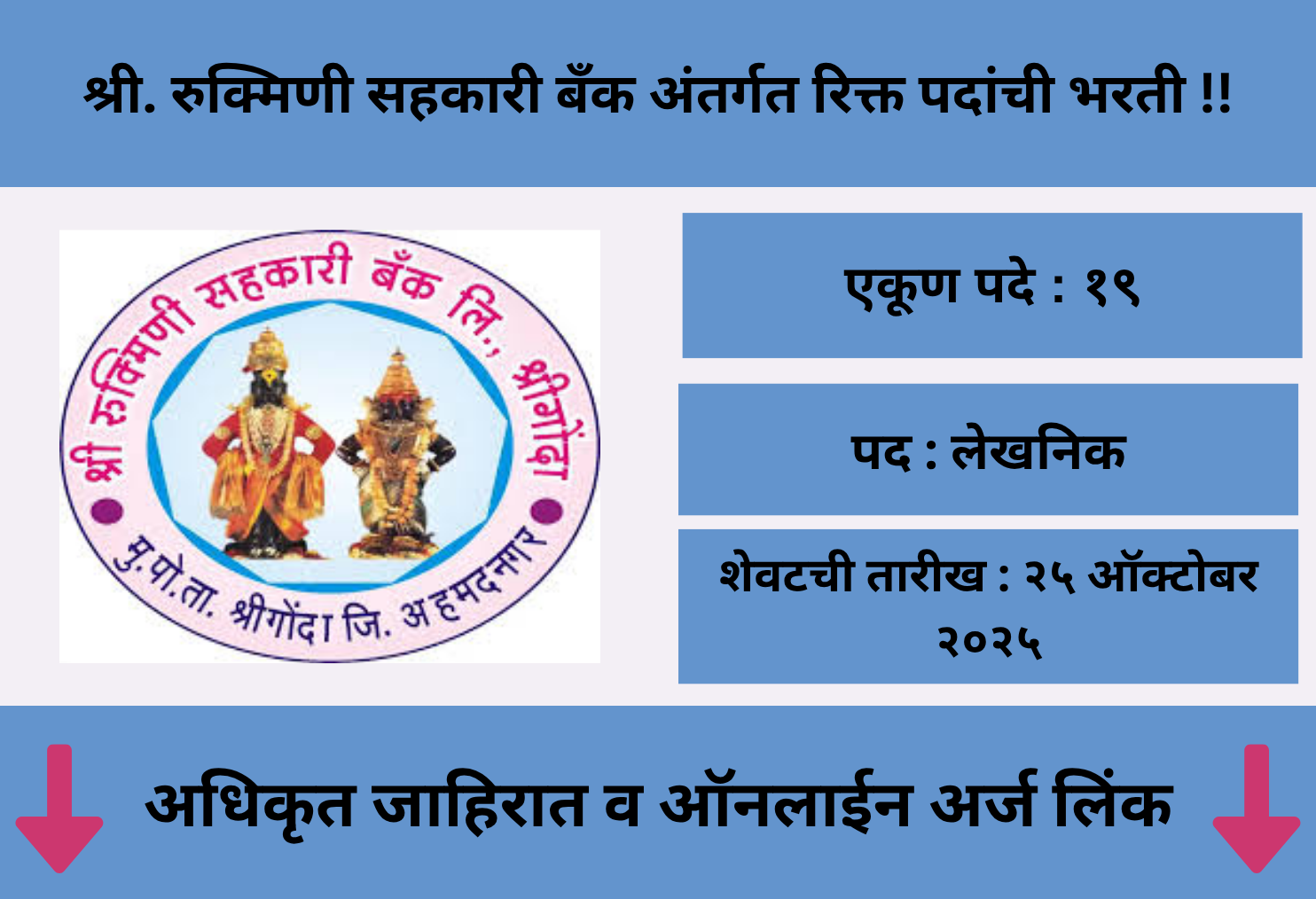 Shri Rukmini Sahakari Bank Ahilyanagar Bharti 2025